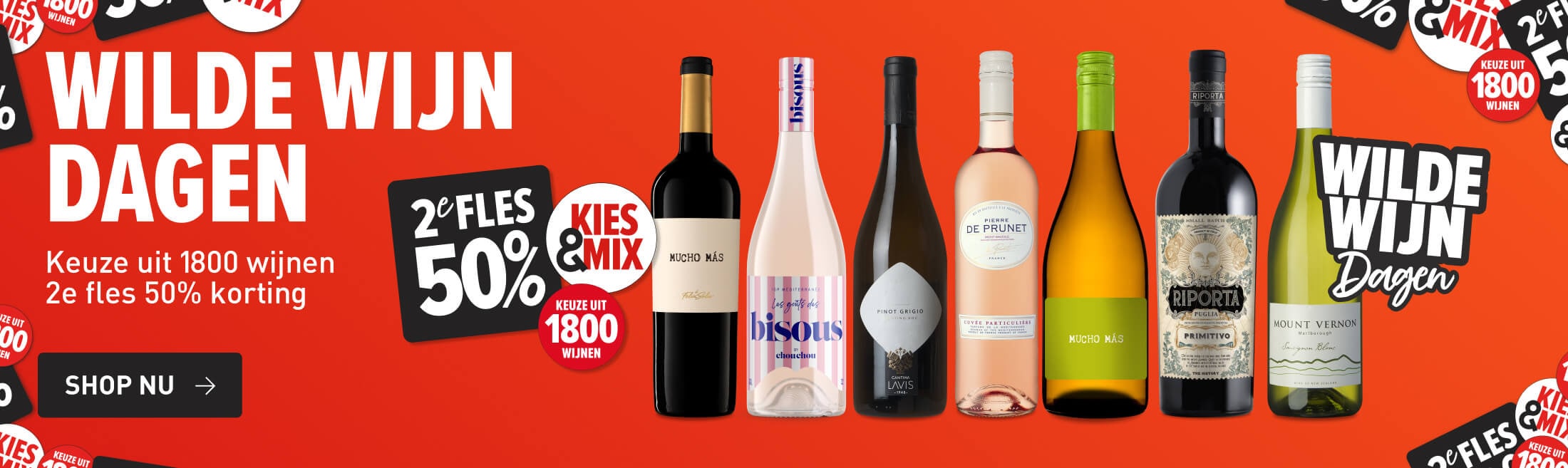 Wilde Wijn Dagen. Keuze uit 1800 wijnen 2e fles 50% korting kies & mix
